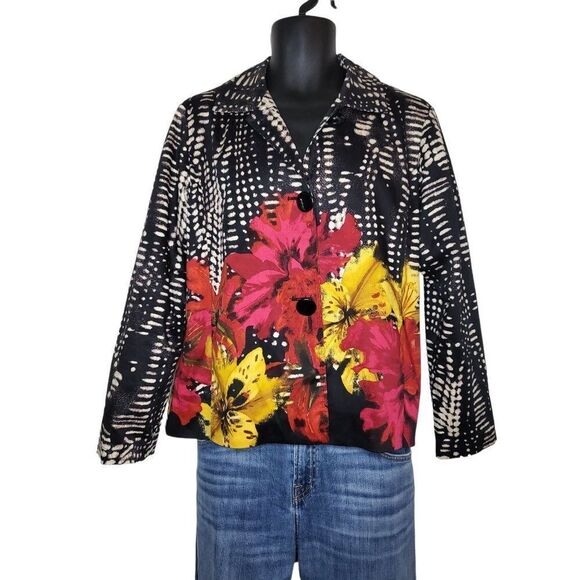 Chicos‎ Floral Button Up Sz 2 Blazer Women Multicolor Long Sleeve - Picture 1 of 7